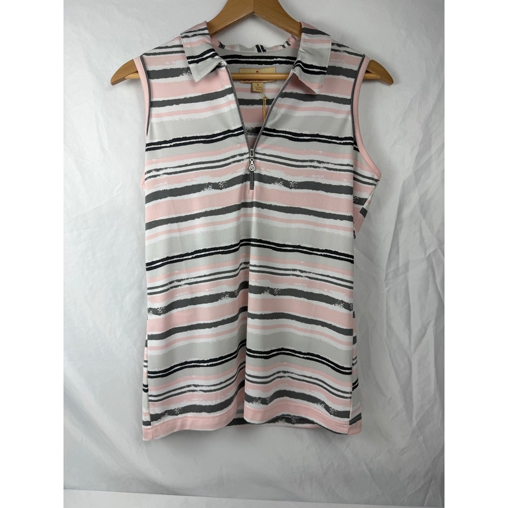 Sport Haley S NWT Sleeveless Golf Polo Top Pink Gray Stripe Quarter Zip